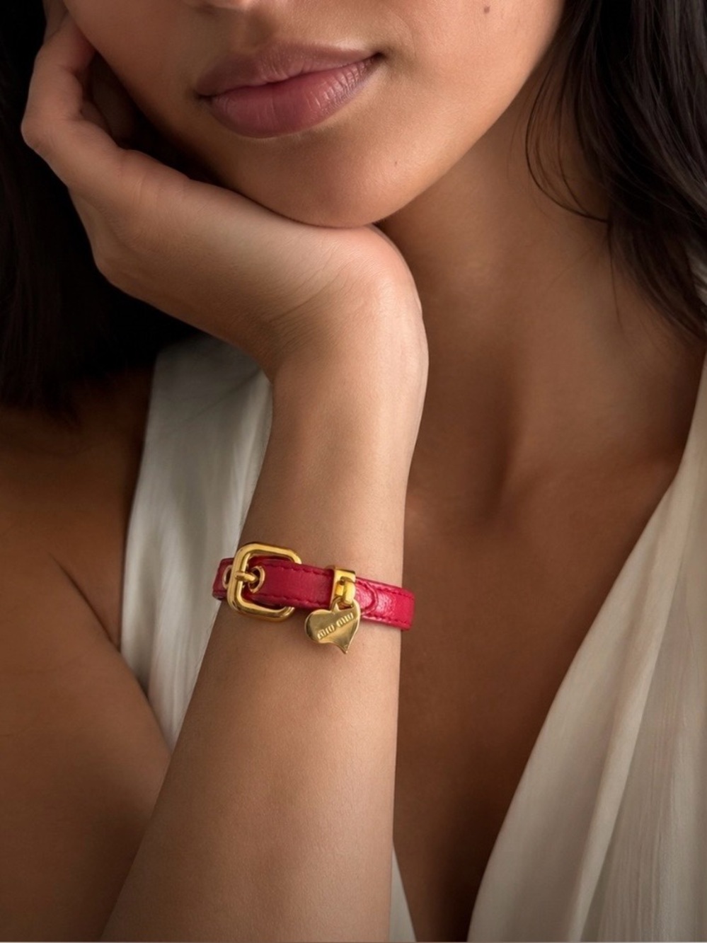 Authentic Red Miu Miu Leather Bracelet with Gold Heart Charm